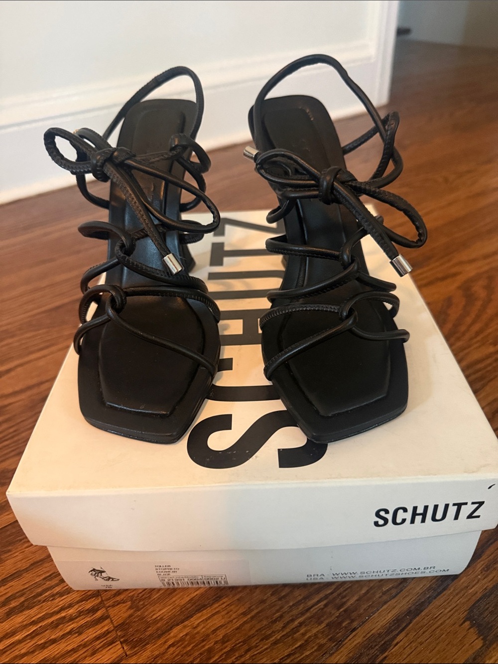 SCHUTZ Toller Black Strappy Lace-Up Heeled Sandals